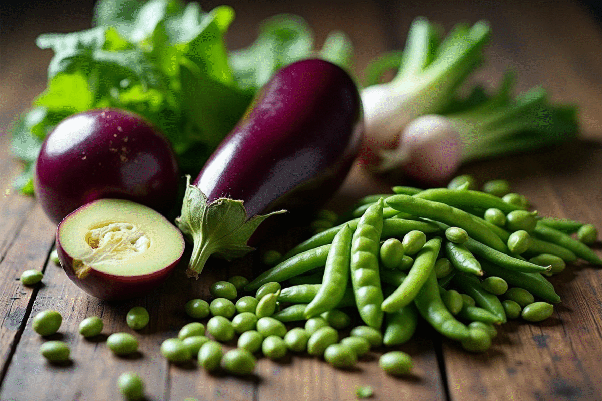 Arrangement d'aubergines endives et edamame sur une table en bois