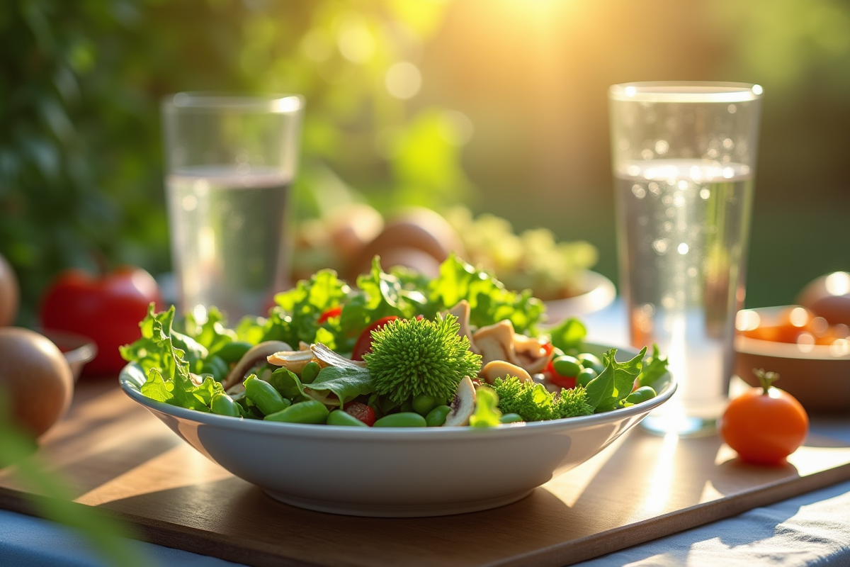 Famille dégustant une salade colorée en plein air avec légumes verts