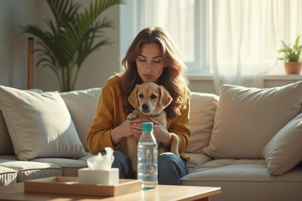 Femme avec chien mignon à la maison regardant incertaine