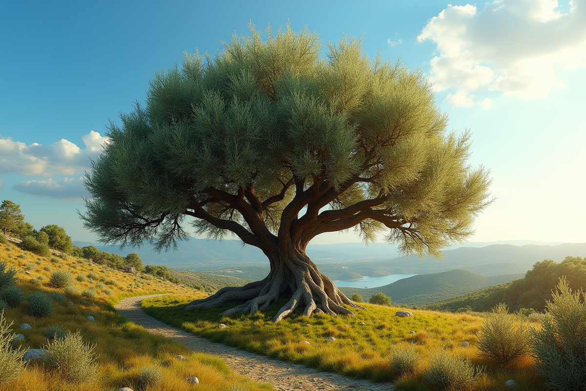 Olive majestueuse symbolisant les dieux grecs dans un paysage