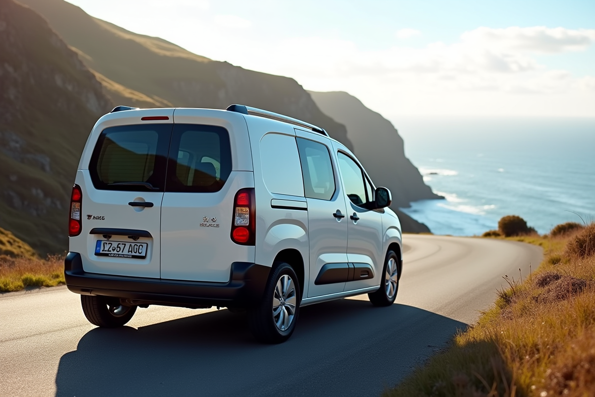 Peugeot Partner Tepee sur une route côtière avec falaises et mer
