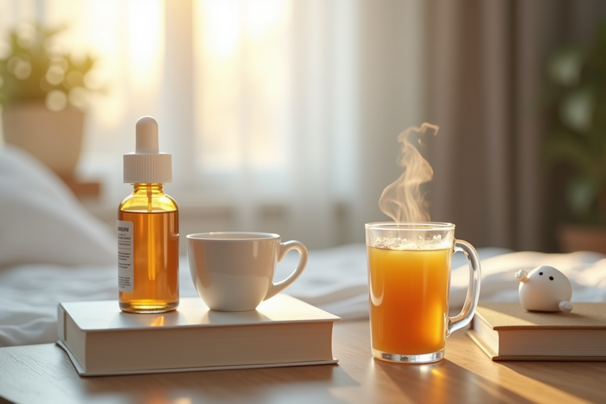 Table de nuit avec médicaments et tisane en matinée