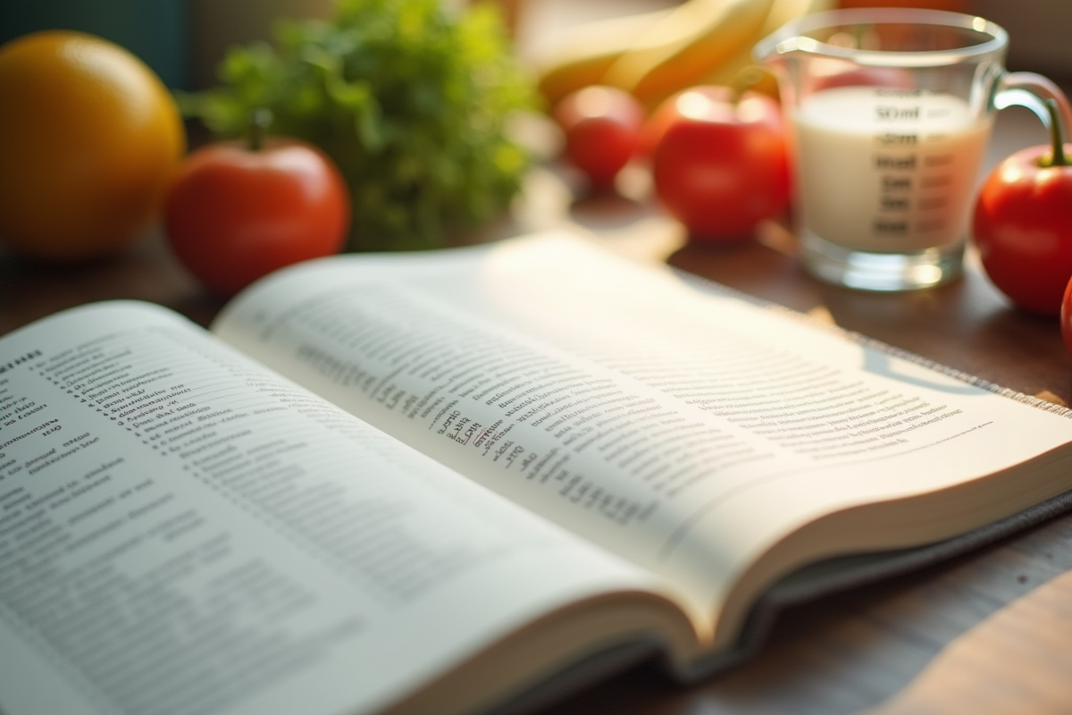 Livre de recettes ouvert avec un verre de 50 ml à côté