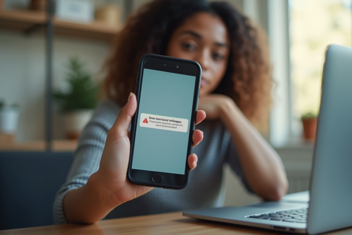 Personne tenant un smartphone affichant une erreur Bouygues