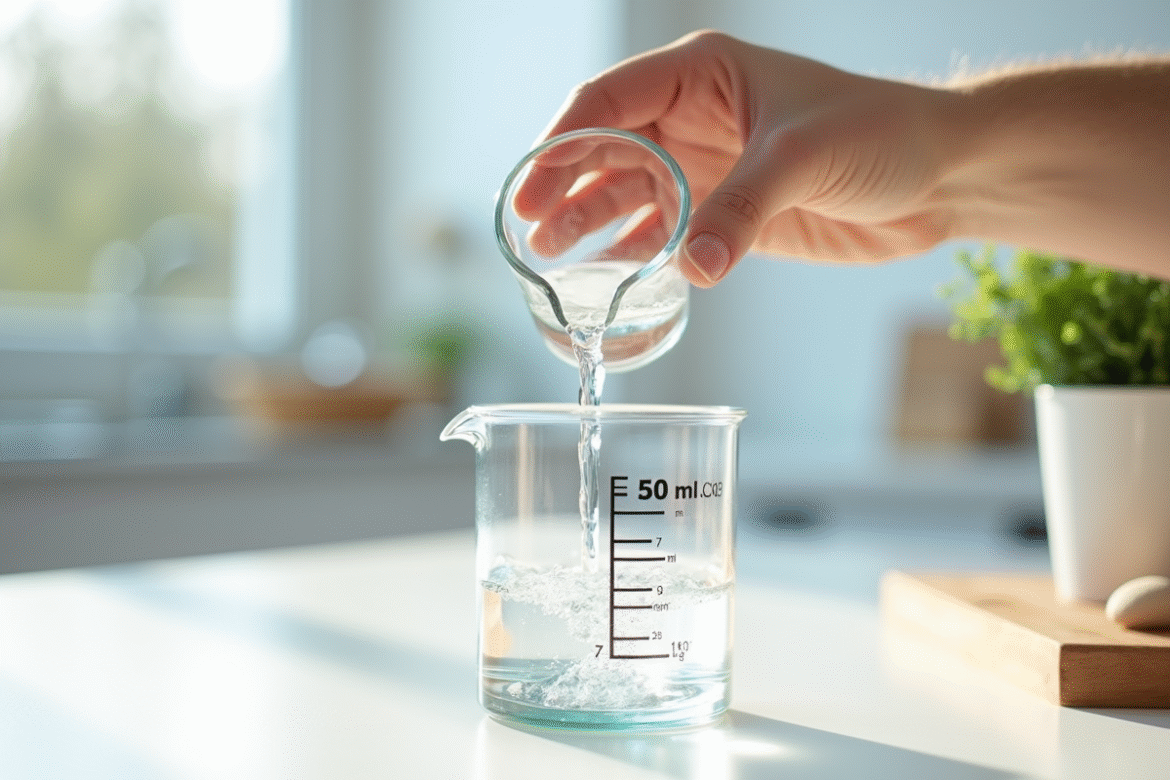 Main versant 50 ml d'eau dans un grand verre en cuisine