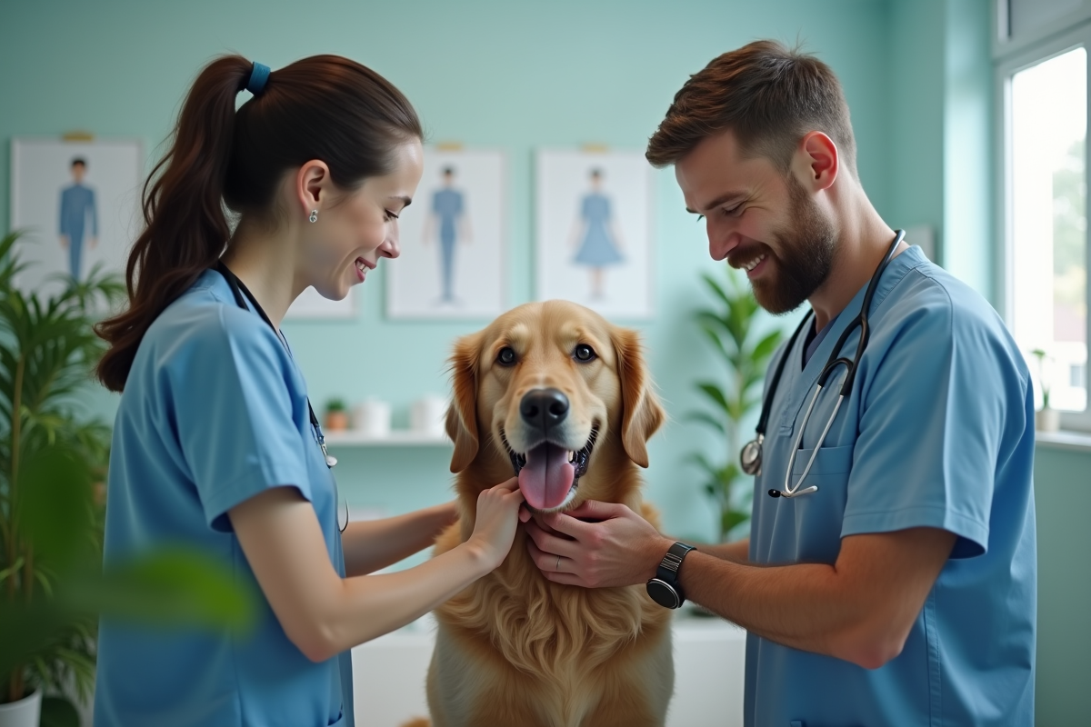 Vétérinaire examinant un golden retriever dans une clinique lumineuse