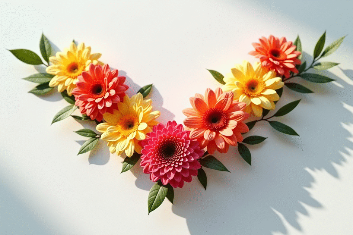 Composition florale en V sur une table blanche lumineuse