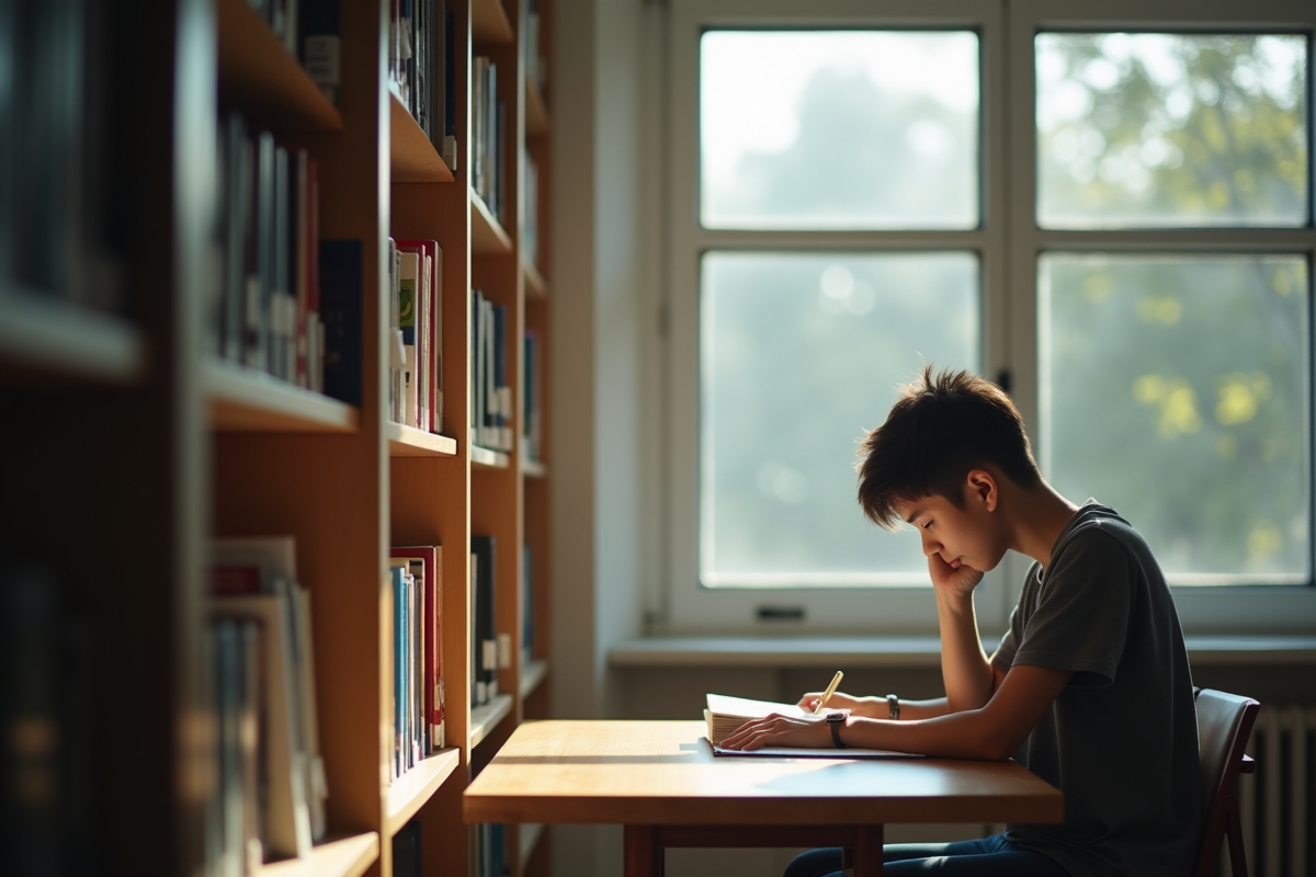 Étudiant lisant dans une bibliothèque moderne lumineuse