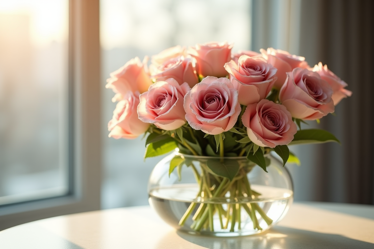 Bouquet en V dans un vase moderne près d