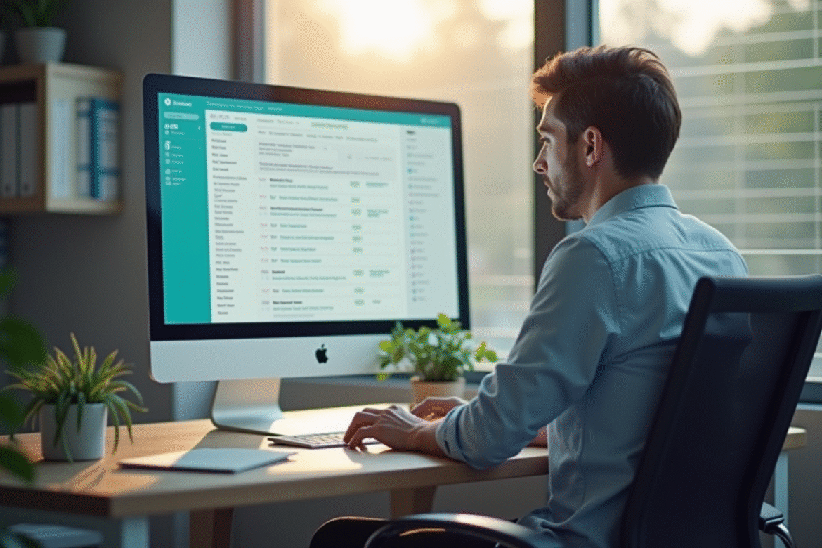 Personne travaillant sur un bureau moderne avec écran email lumineux