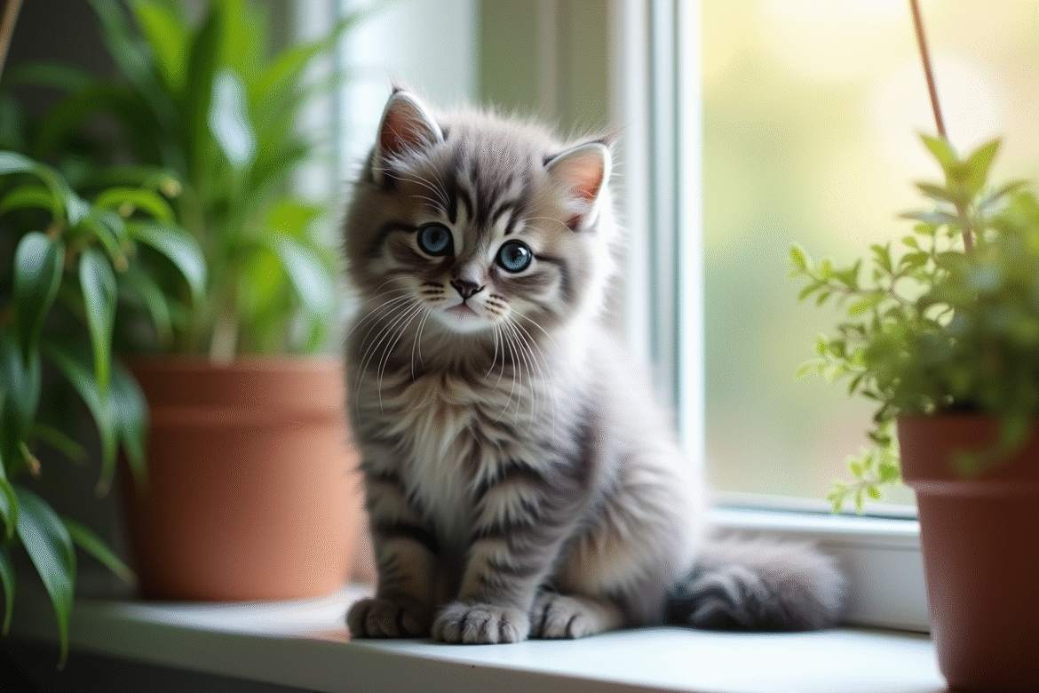Chaton gris sur une fenêtre en lumière naturelle