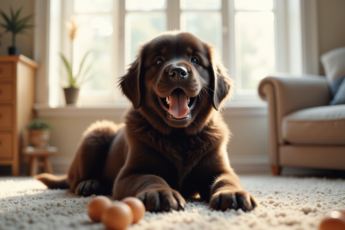 Jeune chiot Newfoundland assis sur un tapis lumineux