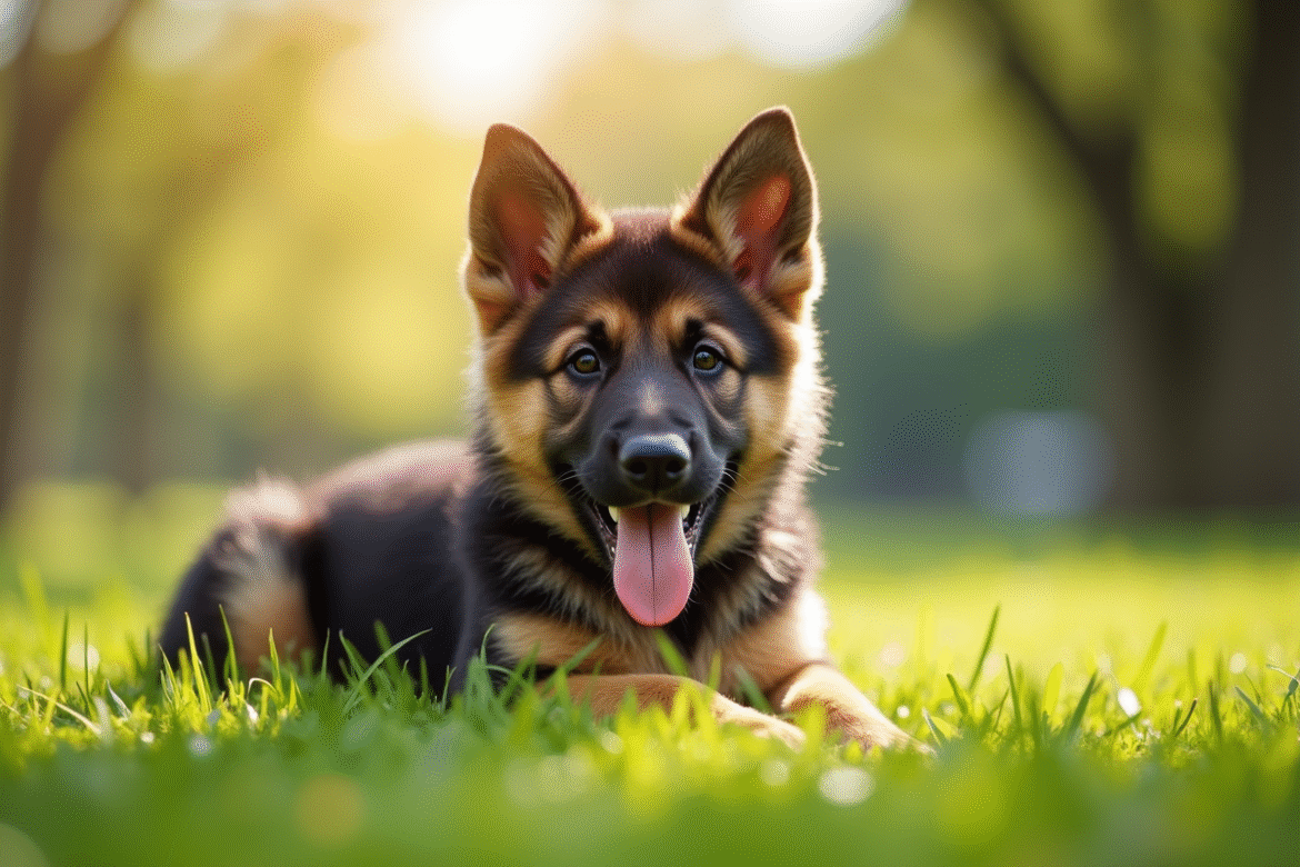 Chiot berger allemand allongé dans un parc ensoleille