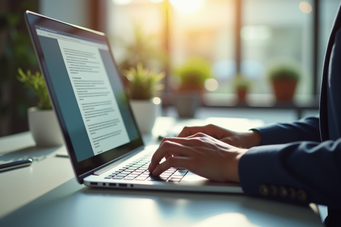 Main tapant sur un clavier d'ordinateur avec document numérique