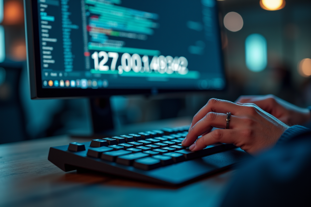 Mains tapant sur un clavier avec un moniteur affichant une commande réseau
