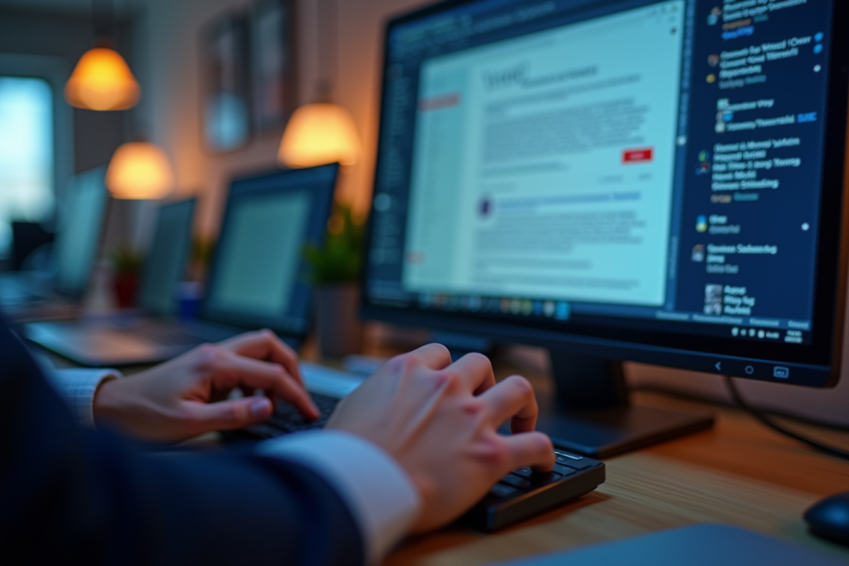 Mains tapant sur un clavier sans fil avec écran Yahoo Mail en arrière-plan