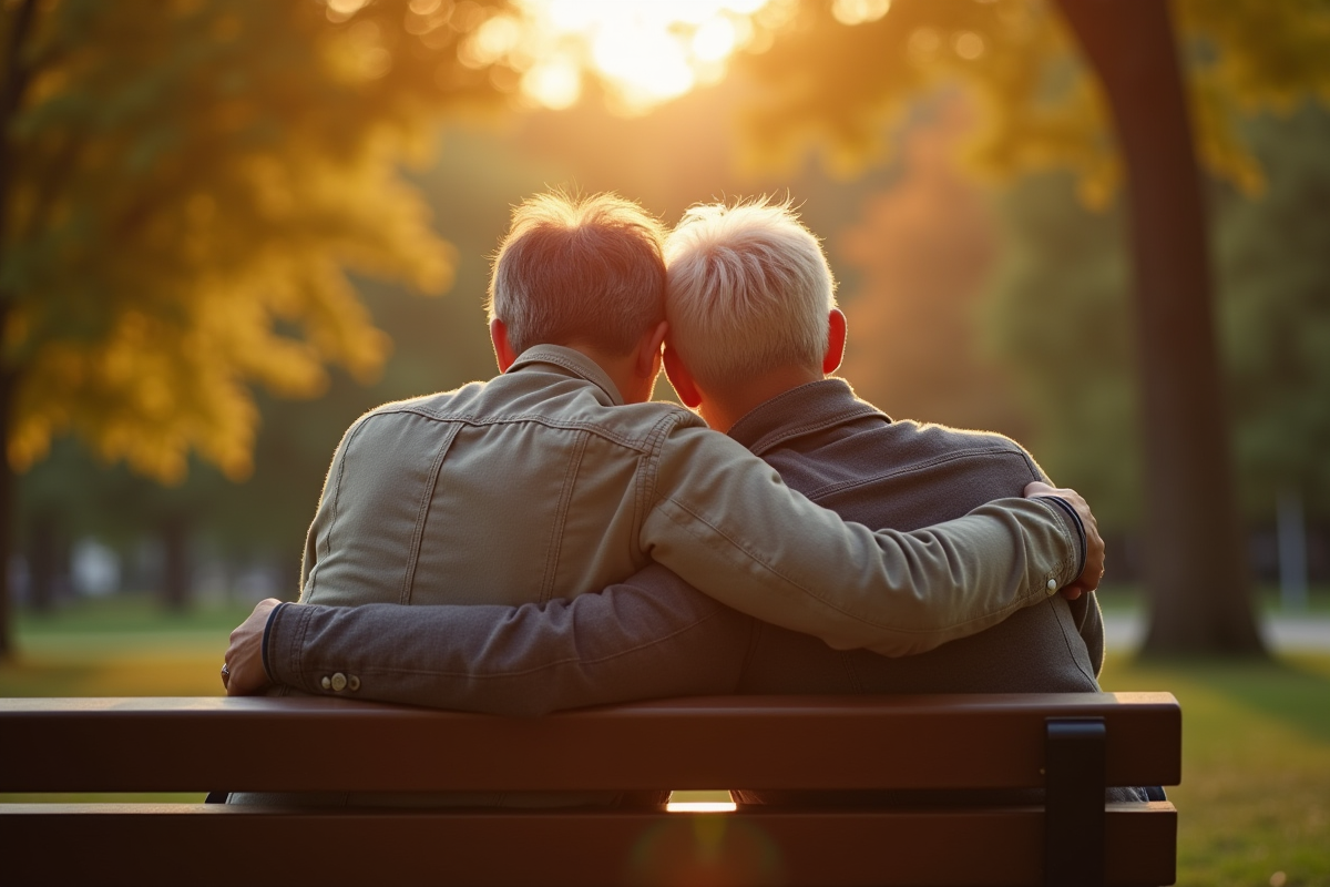 Deux adultes en étreinte chaleureuse sur un banc dans un parc en fin d