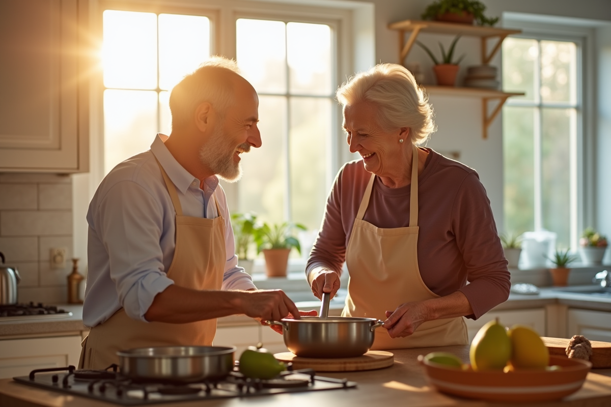 Couple âgé cuisinant ensemble dans une cuisine lumineuse