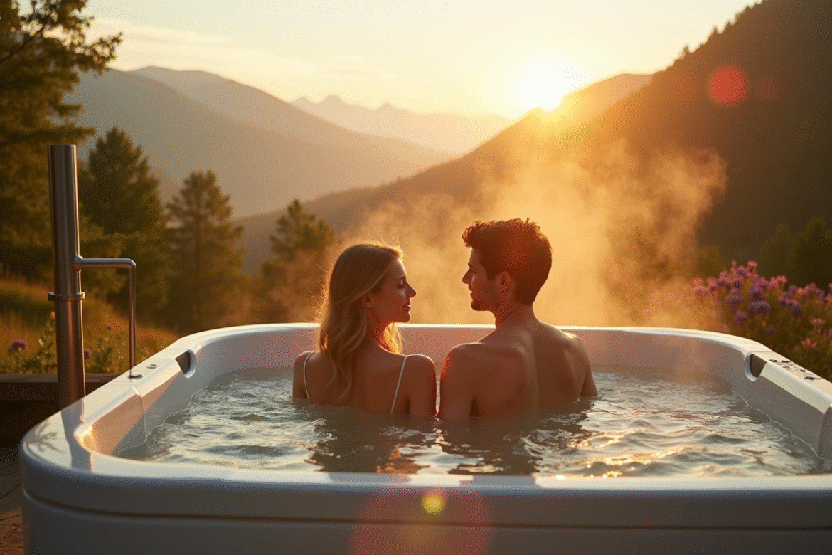 Couple romantique dans un bain extérieur avec vue sur Vosges au lever du soleil