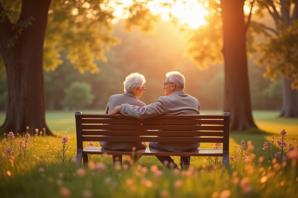 Couple senior assis sur un banc dans un parc ensoleille avec fleurs