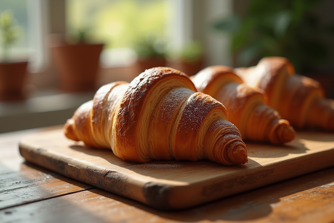 Croissant au chocolat frais sur une planche en bois