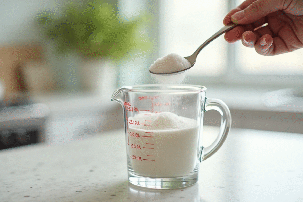 Cuisine lumineuse avec un verre doseur rempli de sucre blanc