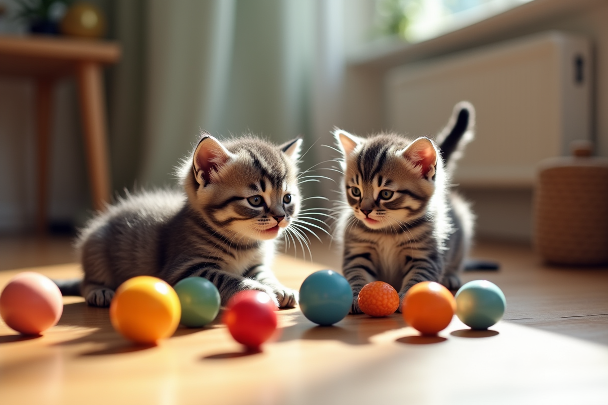 Deux chatons gris jouant avec des jouets colorés