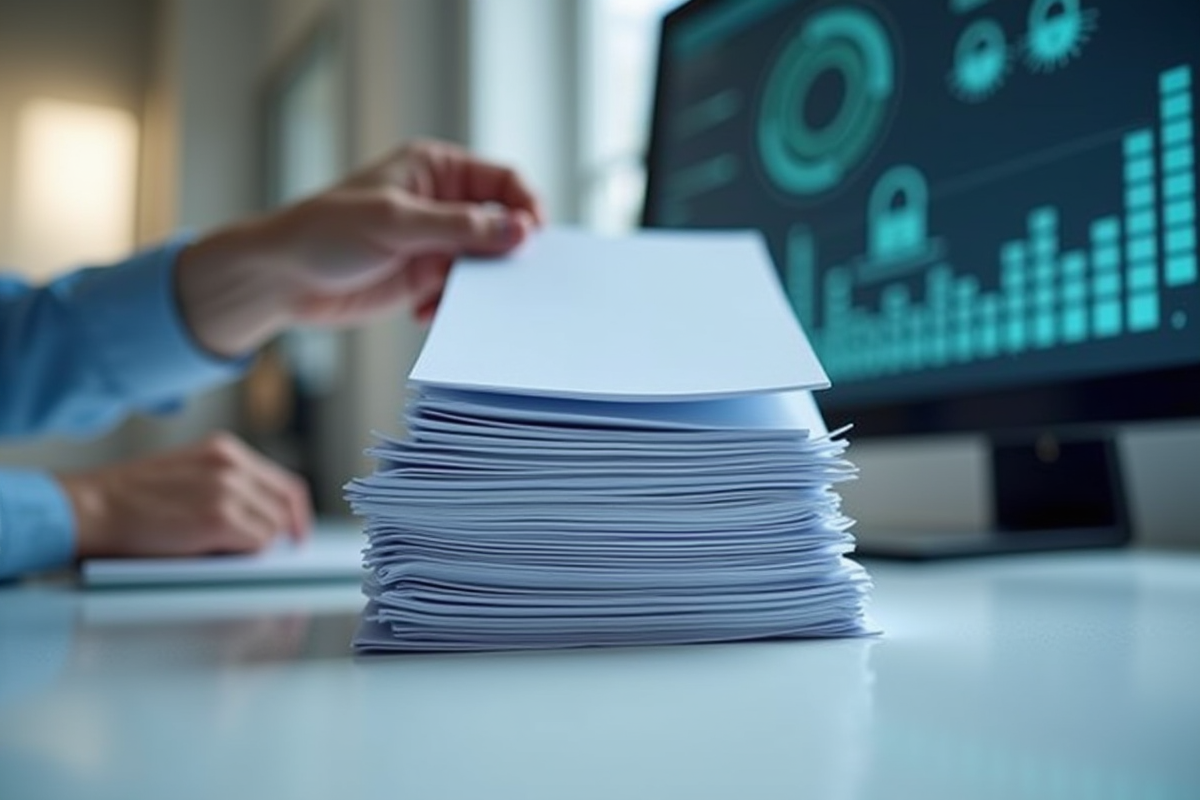 Documents papier se transformant en fichiers numériques sur un écran