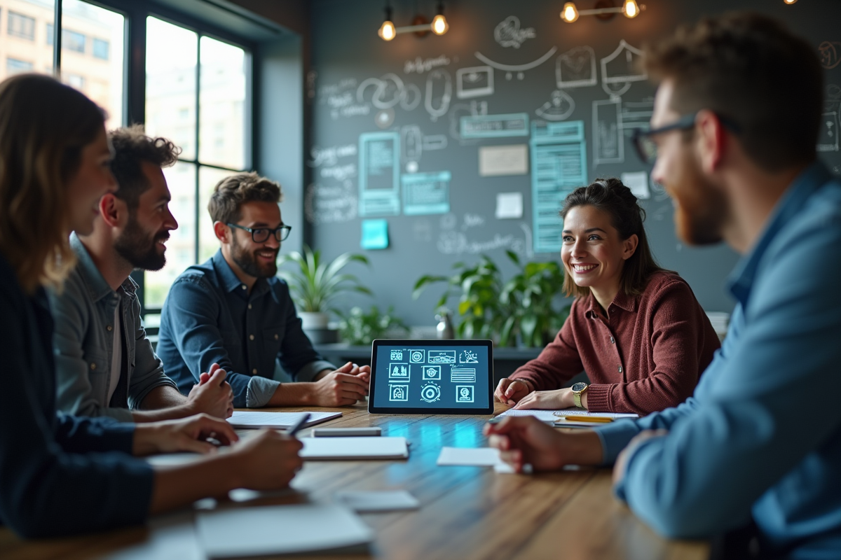 Equipe créative en réunion avec tablette et brainstorming