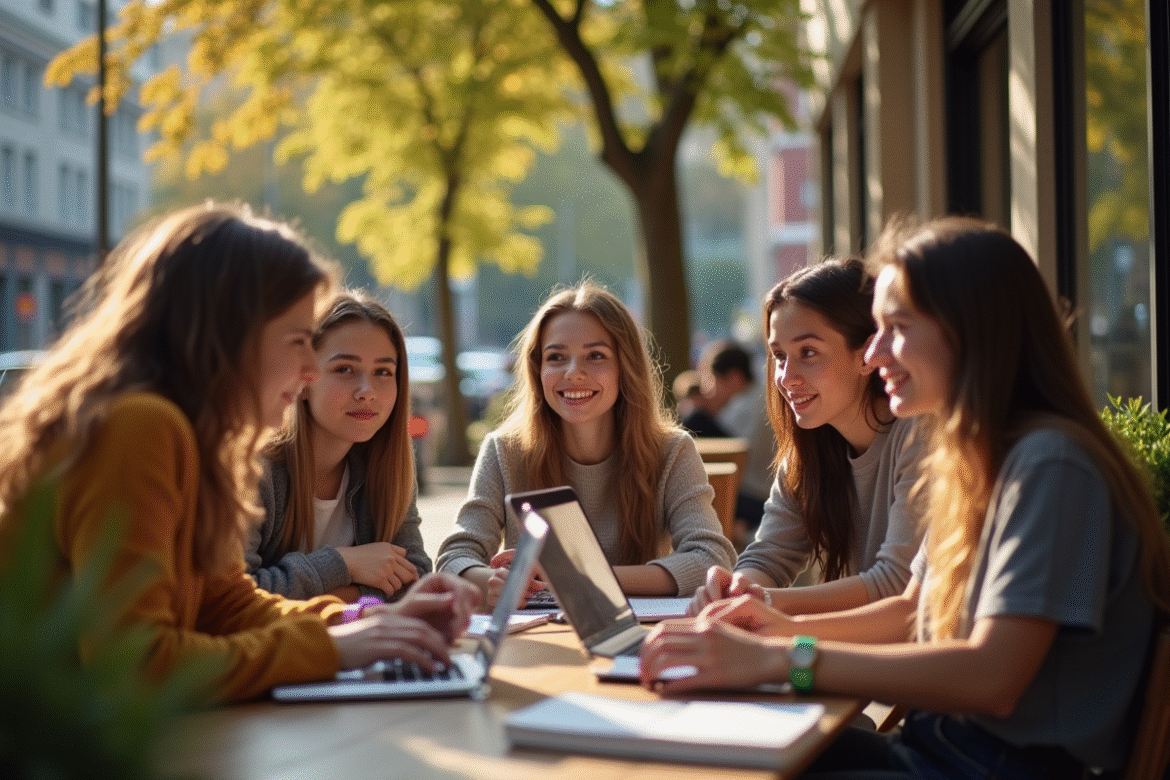 Groupe d'étudiants à SaintÉtienne en terrasse de café étudier ensemble