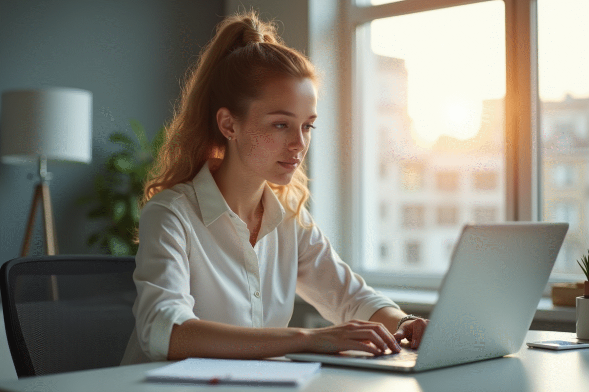 Jeune femme professionnelle travaillant sur son ordinateur dans un bureau lumineux