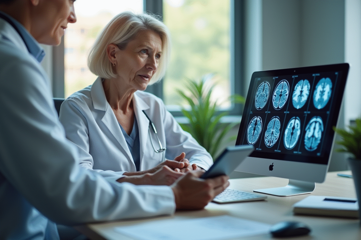 Femme senior en consultation neurologie avec scanner cerveau