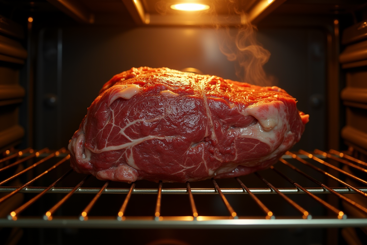 Four avec rôti de boeuf en cuisson et thermomètre numérique