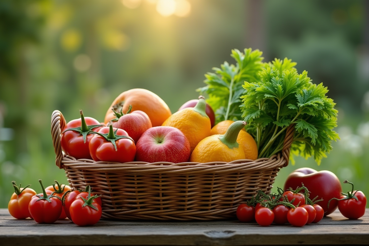 Fruits et légumes fraîchement récoltés dans un panier en osier