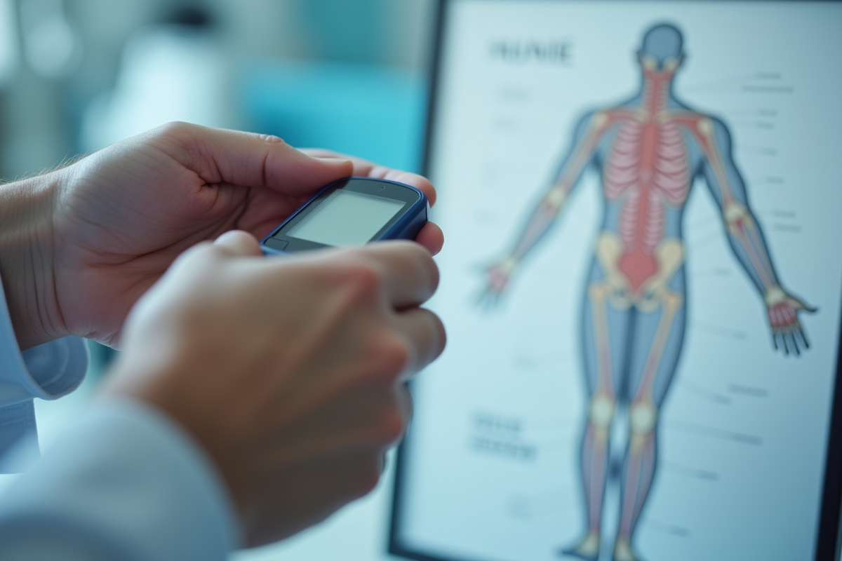 Mains avec glucometre et diagramme nerveux en arrière-plan