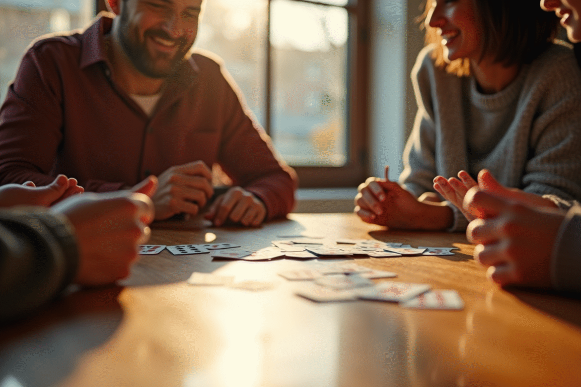 Groupe d'amis jouant à SkipBo autour d'une table en journée