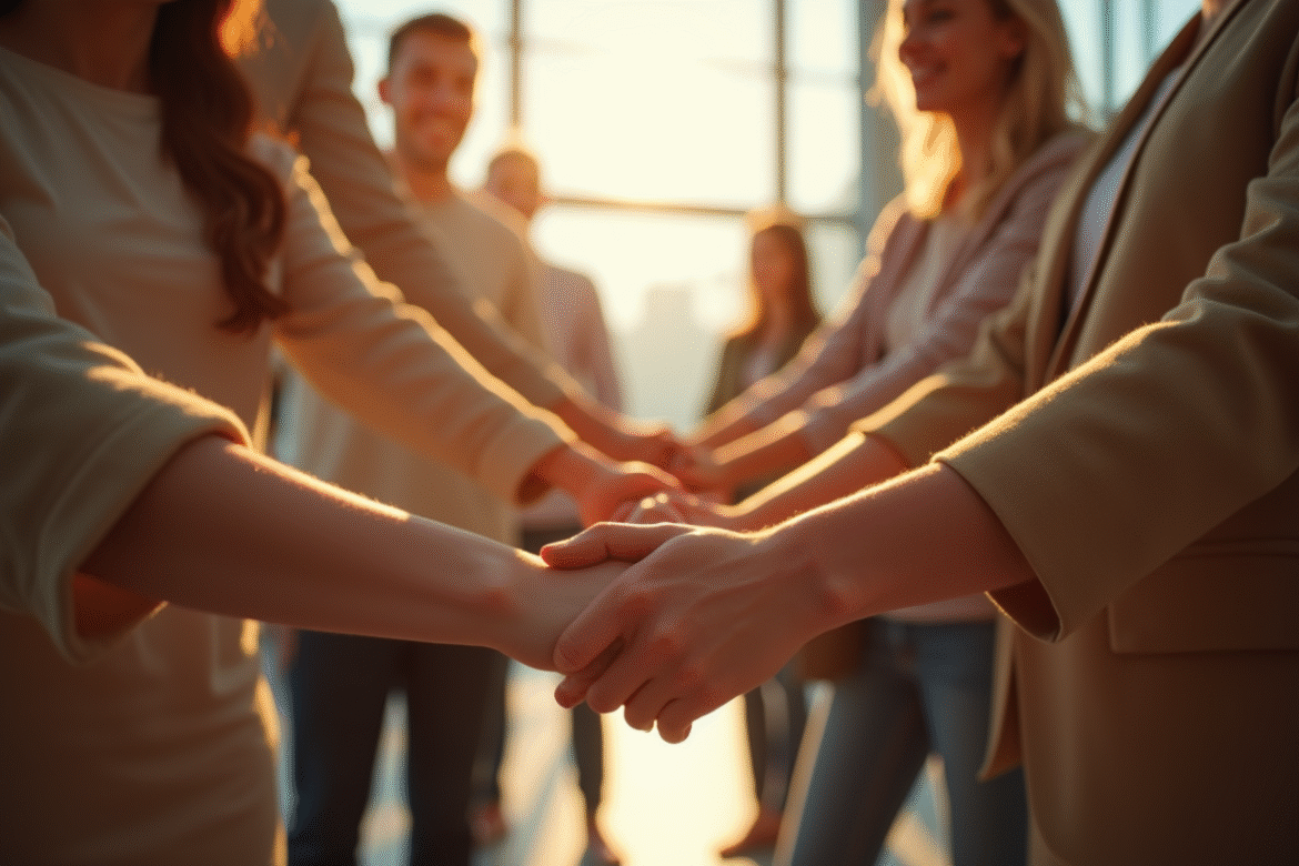 Groupe de personnes diverses se tenant la main dans une pièce lumineuse