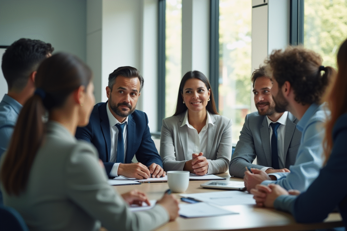 Groupe de professionnels en réunion dans un bureau lumineux