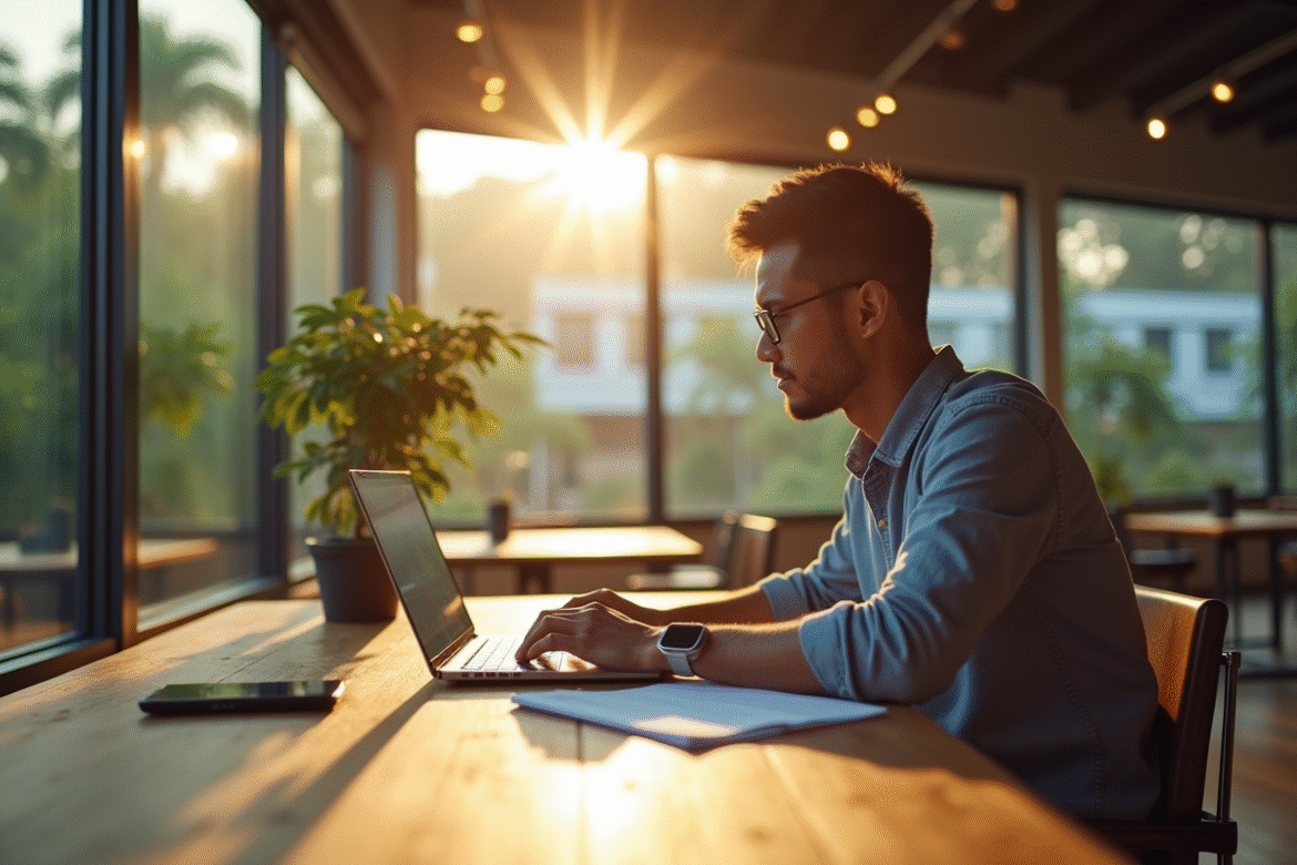 Homme concentré travaillant sur un ordinateur dans un coworking à Chiang Mai