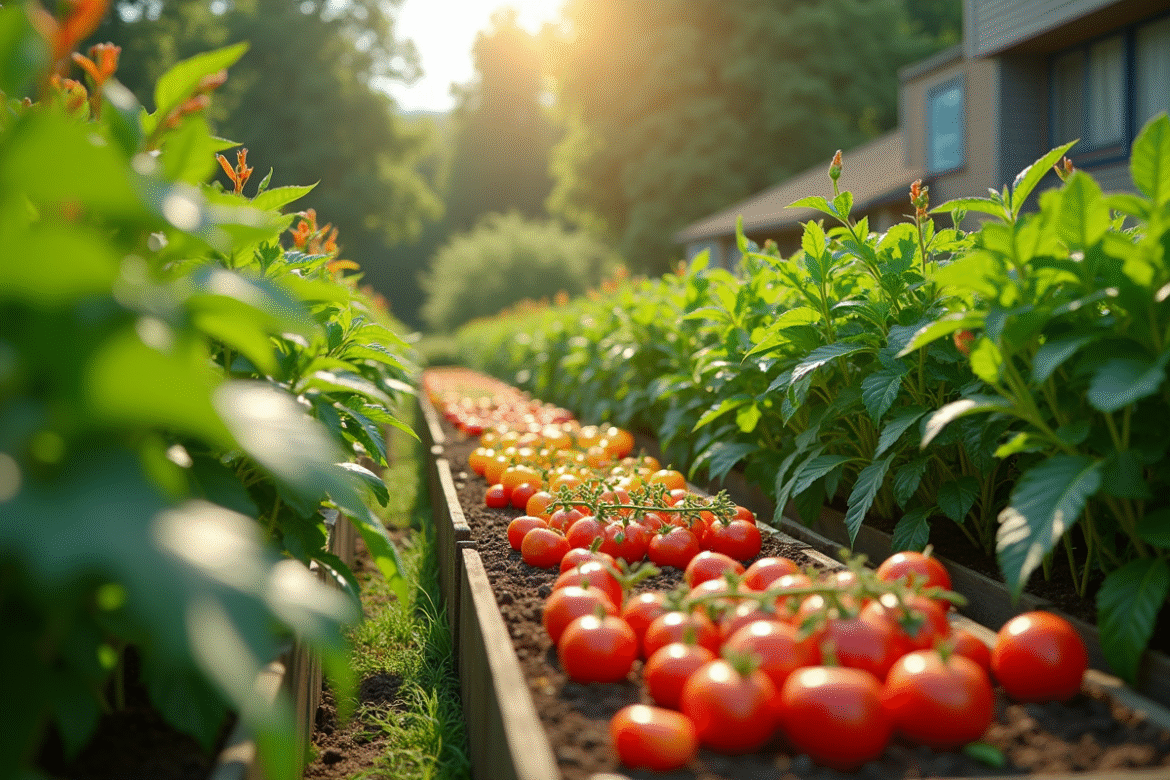 Jardin potager luxuriant en journée avec légumes en rangées