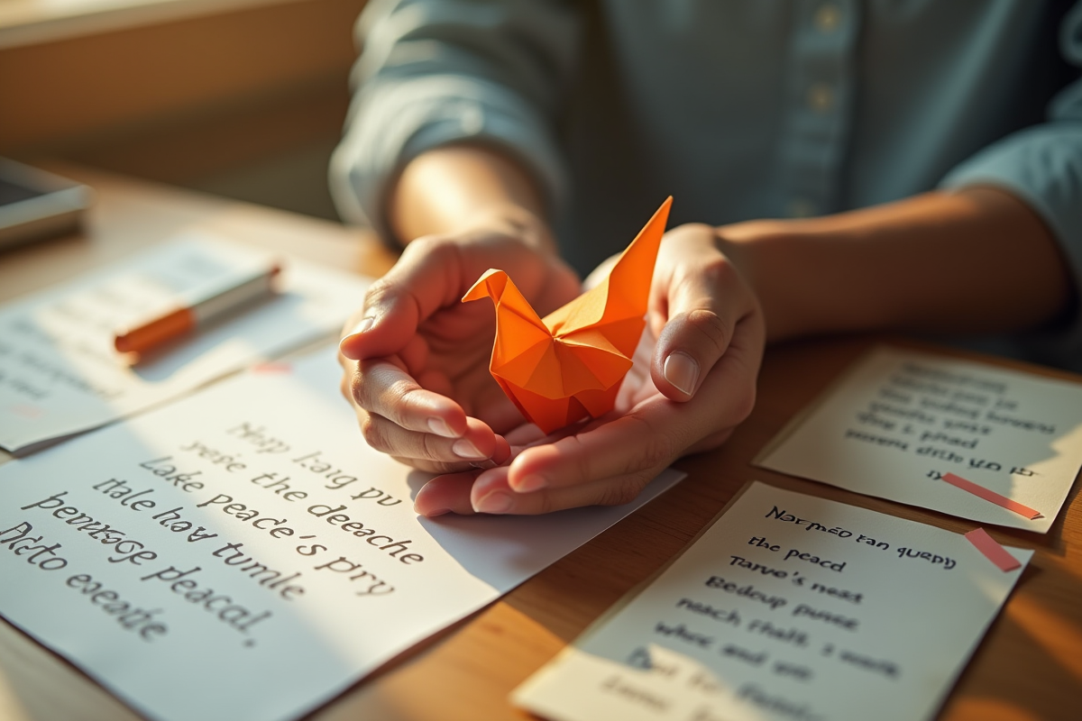 Mains tenant delicatement une colombe en origami sur une table