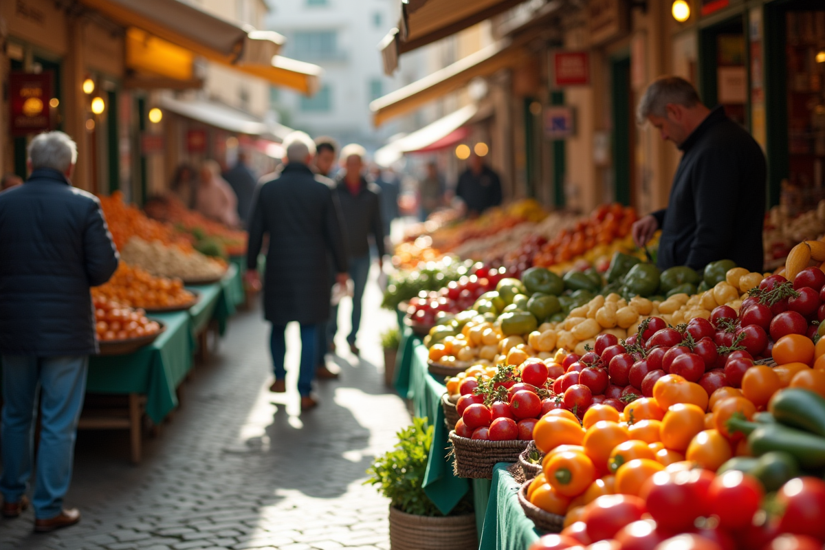 Marché animé à Bordighera avec étals de fruits et légumes colorés