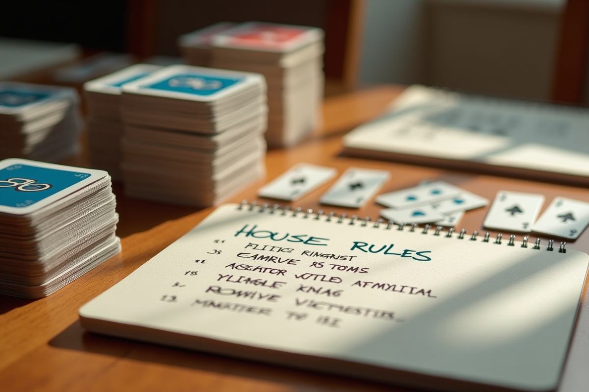 Piles de cartes SkipBo avec règles écrites sur un carnet
