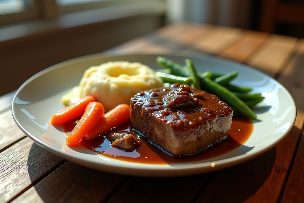 Assiette de bourguignon avec purée et légumes croquants
