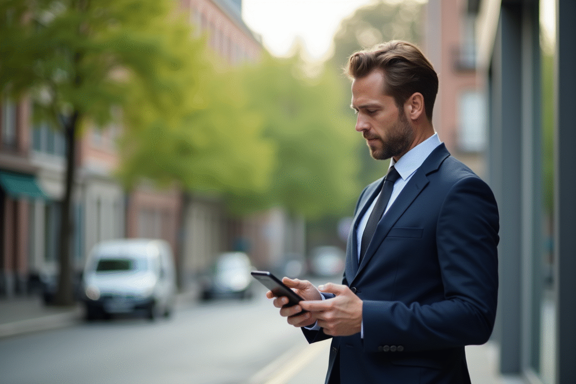 Professionnel en extérieur à Amiens utilisant un smartphone
