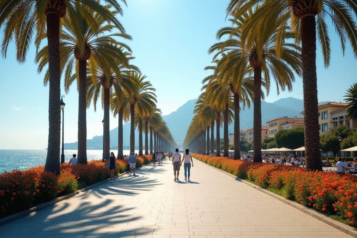 Promenade ensoleillée à Bordighera avec palmiers et vue sur la mer