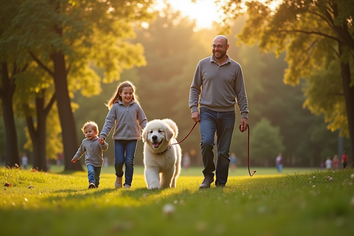 Famille avec chiot Newfoundland en promenade dans le parc