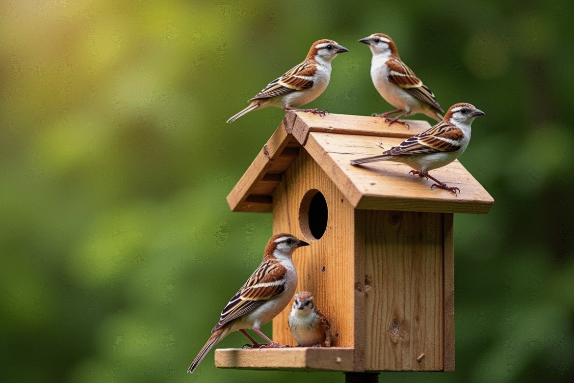 Groupe de moineaux sur une niché en bois faite main