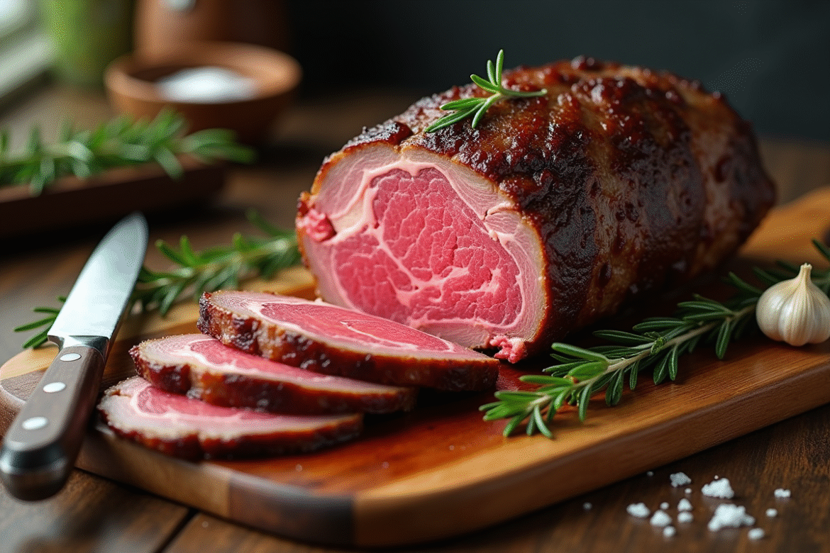Rôti de boeuf rosé de 800g tranché sur planche en bois