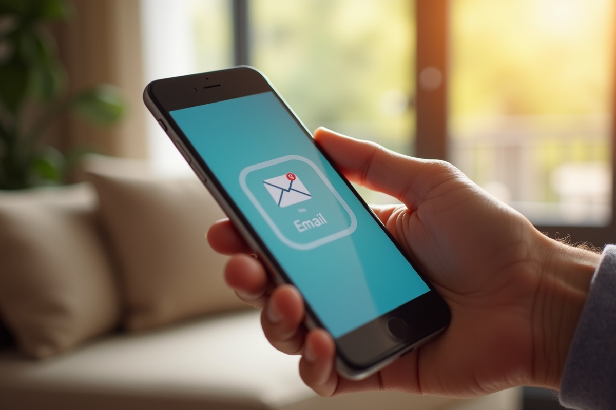 Main tenant un smartphone affichant une interface email colorée
